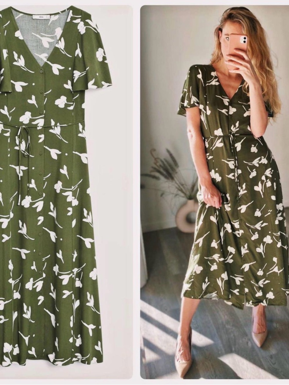 Mango Olive Green Midi Dress with White Floral Print